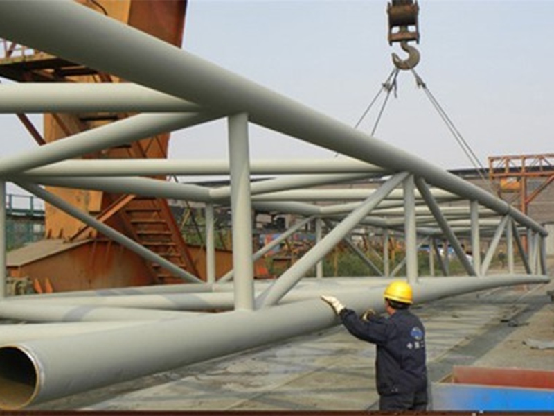 Pipe truss being checked in the fabrication yard