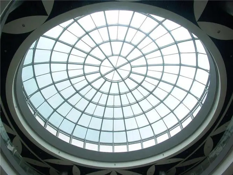 Circular steel skylight structure viewed from below